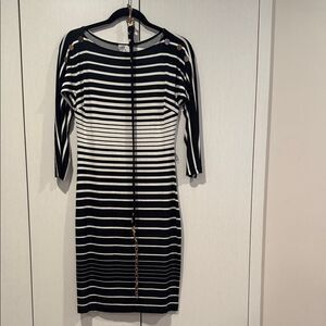 Cache Black and White Striped Long Sleeve Dress